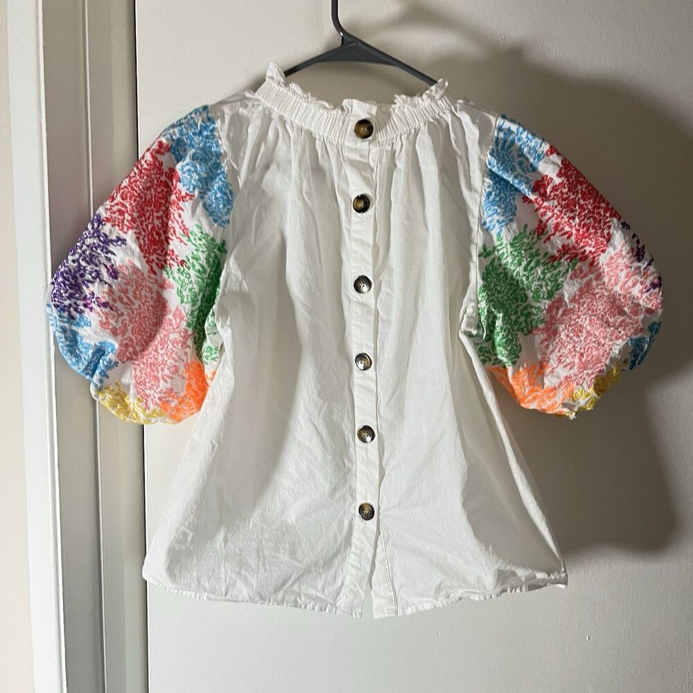 THML White Embroidered Bright Colors Flowers Ladies XS Top Puffy Sleeves Boho